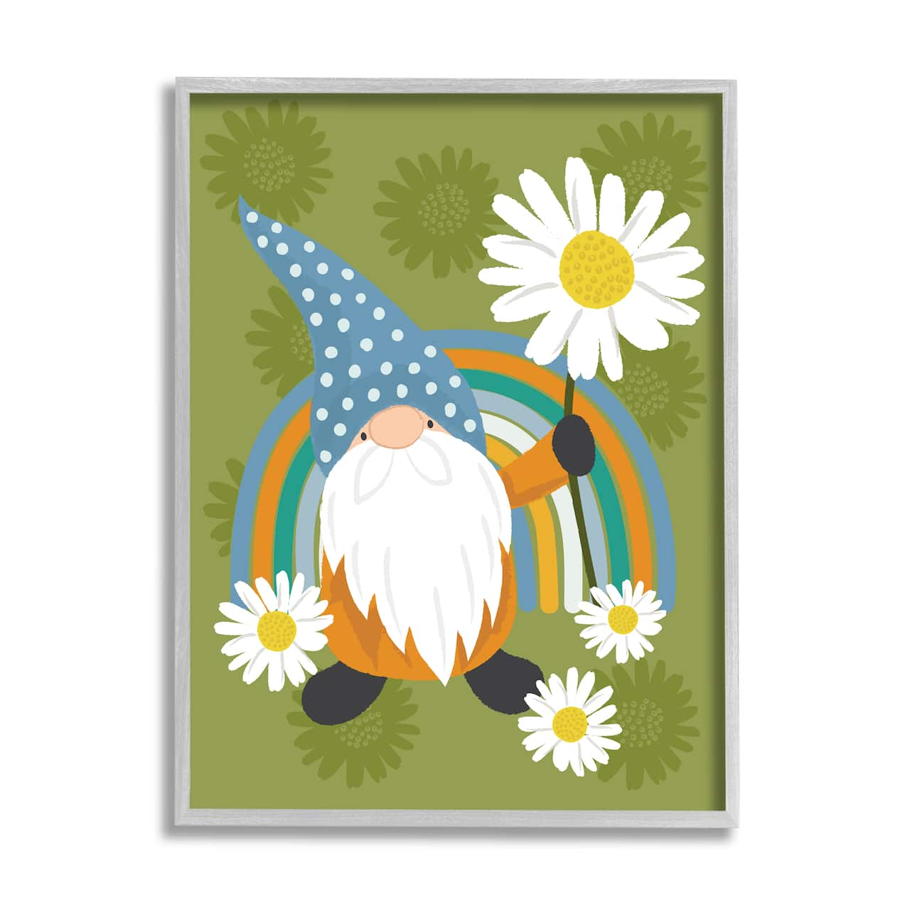 Stupell Industries Daisy Garden Gnome Blue Rainbow Floral Pattern in Gray Frame Wall Art